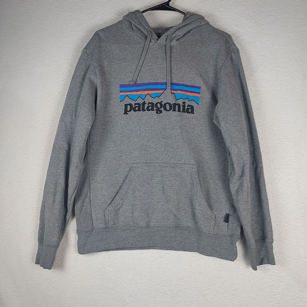 Patagonia P-6 Logo Pullover Hoodie Mens Medium Gray Graphic Sweatshirt